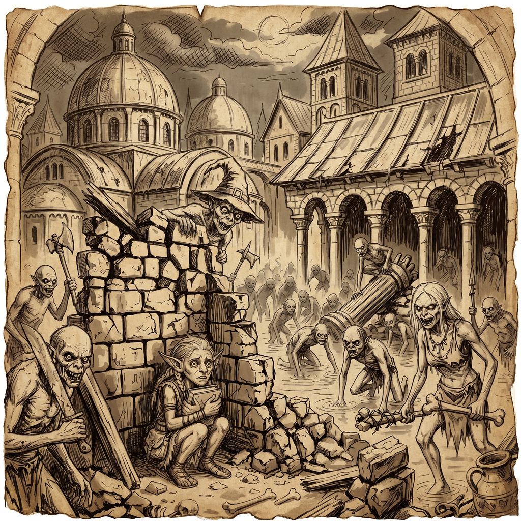 Pale warriors led by a hatted figure battle a tide of giant rats in a flooded, ruined street, while a small tan-skinned creature hides behind broken stone clutching a book