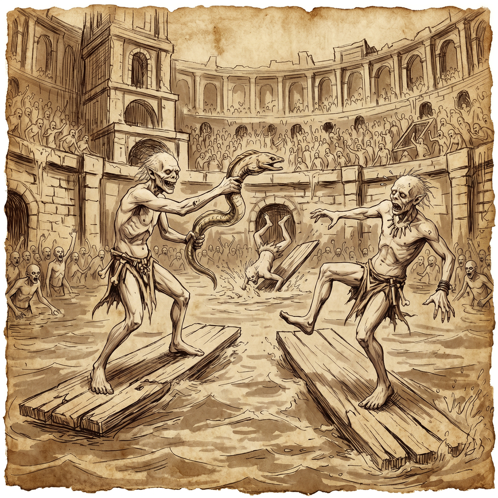 Two emaciated pale performers battle on lashed planks in the flooded Strömsdrome, with a crowd of thousands cheering from the stone tiers above