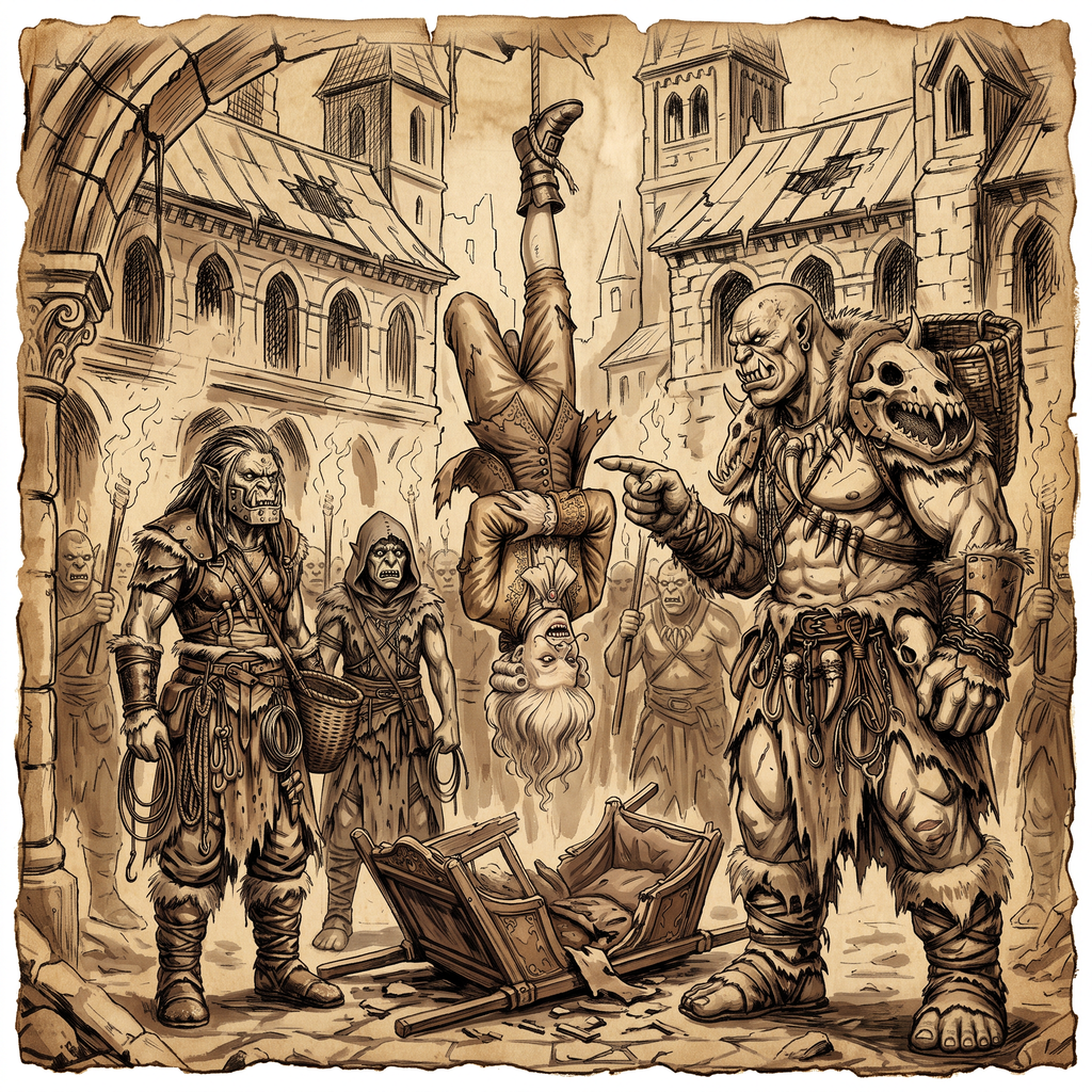 A hulking orc boss looms over a richly dressed captive strung up by rope, mocking him before a crowd of orruks with torches, a shattered ornate litter lying broken at their feet