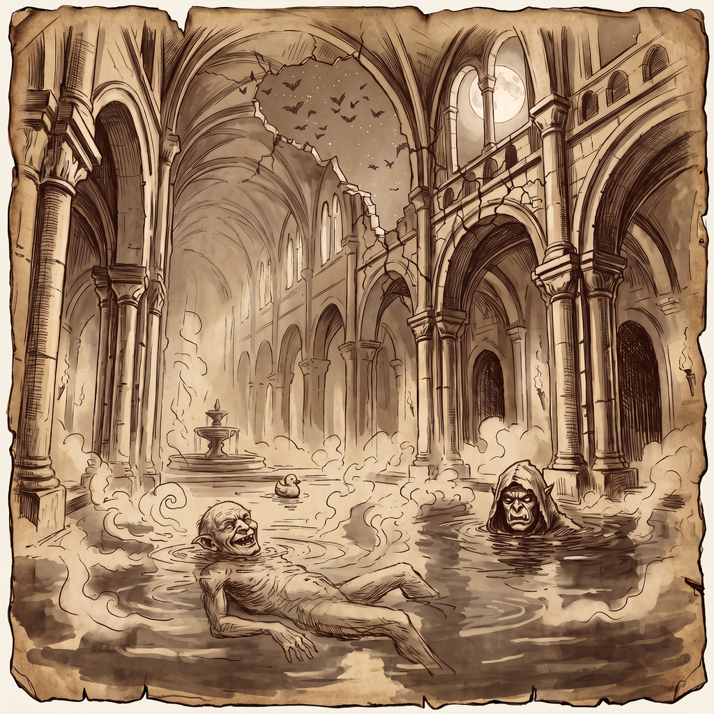 An old pale creature floats contentedly on its back in a warm bathhouse pool beneath a moonlit ruined vault, bats wheeling overhead, while a hooded orruk watches from the water nearby