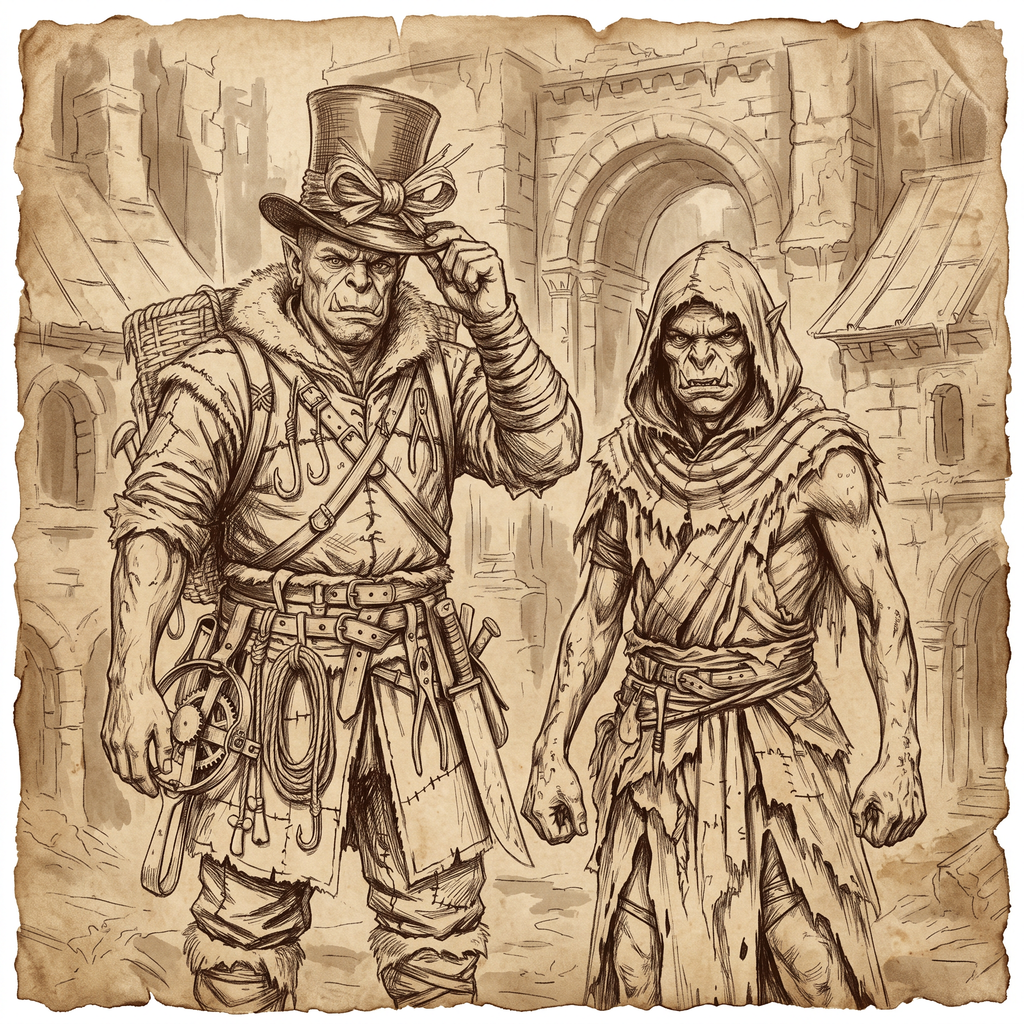 Brakka, wearing his finest hat crowned with heron feathers and hung with a maker's tools, and a bare-headed, hooded Moggruk stand together on a stone street before an archway leading into the pale country's city